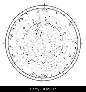 Astrologische Himmelskarte der Nordhalbkugel. Das allgemeine globale universelle Horoskop am 1. Januar 2020 (00:00 GMT). Detaillierte Karte mit Symb Stockfoto