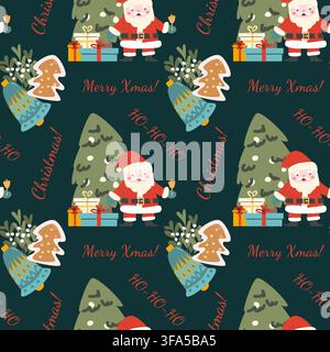 Weihnachtsmuster mit Weihnachtsmann und immergrünem Baum mit Geschenken auf dunklem Hintergrund. Cartoon-Vektorillustration für Tapeten, Textilien, Stoffdesign. Festliches nahtloses Design für Geschenkpapiere. Stock Vektor
