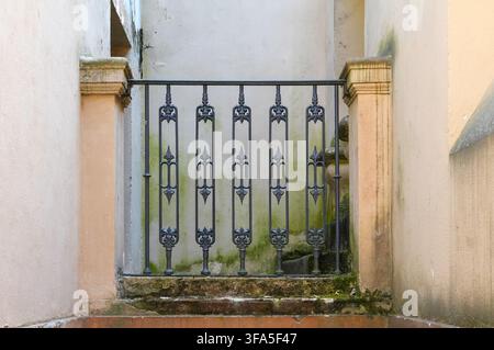 Altes Eisentor im Innenhof eines Hauses in der Stadt. Eisentor im alten Haus, Detail eines schmiedeeisernen Zauns Stockfoto