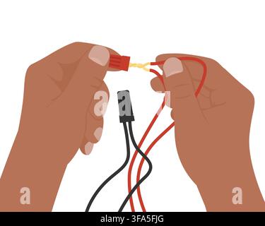 Hände, die elektrische Drähte mit einem roten Kabelschalter verbinden Stock Vektor