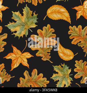 Nahtloses Aquarellmuster von Herbstblättern. Handgezeichneter Hintergrund mit bunten Ahorn- und Eichenlaub. Warme Herbsttextur, perfekt für Schuldekorateure Stockfoto