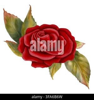 Aquarellillustration eines roten Rosenarrangements mit Blättern. Handgezogenes Blumenbouquet für romantische Designs, Grußkarten, Hochzeitseinladungen, po Stockfoto