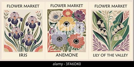Set Vintage-Blumenplakate feiern Frühlingsblüten Stock Vektor