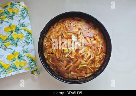 Hausgemachter Apfelschwammkuchen und traditionelle Apfelschlotka in der Backform von oben Stockfoto