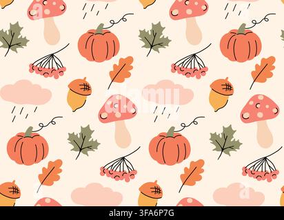 Vektor-Herbst-Muster ohne Ende in einem naiven Zeichenstil. Herbsttextur mit Pilz, Kürbis, Beeren für Tapete und Verpackung Stock Vektor