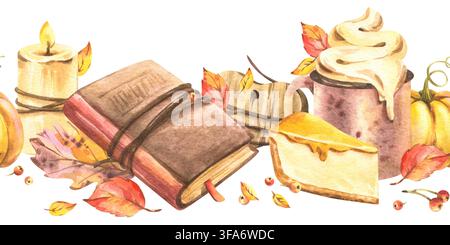 Herbstliches Aquarell-Stillleben mit offenem Buch, Kürbiskondens, geschlagener Sahne, Kerze, gefallenen Blättern und Beeren. Gemütliche Erntekomposition für Stockfoto