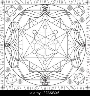 Tree of Life Adult Coloring Book Page Pattern - Design mit Hexagon und Symbolen der heiligen Geometrie Vektorillustration Stock Vektor