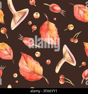 Rote Herbstblätter, Beeren und Pilze. Handgezeichnete Aquarellillustrationen. Nahtloses Muster auf dunklem braunem Hintergrund für Textilien, Verpackungen Stockfoto