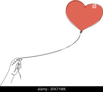 kontinuierliche Liniengrafik einer Hand, die eine Schnur hält, die an einen roten herzförmigen Ballon gebunden ist, minimalistisch, Liebe, Romantik, Hoffnung und Freiheit, Linienkunst-Vektor Stock Vektor