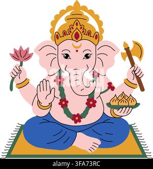 Illustration von Lord Ganesha, der auf einem Teppich sitzt. Vektor-Hindu-Gottheitscharakter mit Lotus und Axt isoliert auf weißem Hintergrund. Stock Vektor