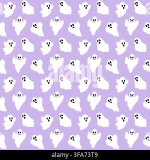 Nahtloses Cartoon-Geistermuster. Vektor-Halloween-Wiederholhintergrund mit weißen gruseligen Charakteren auf lila Hintergrund. Stock Vektor
