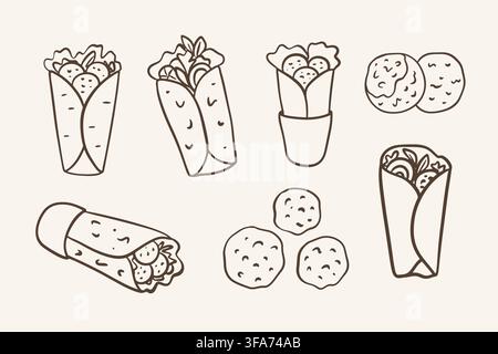 Straßenfood-Symbolset Kebab-Wraps, Falafel und Pita Stock Vektor