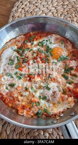 Traditionelle Shakshuka mit Eiern, Paprika und Tomaten in der Pfanne, nahöstliches Frühstücksgericht auf dem Tisch. Hochwertiges Foto Stockfoto