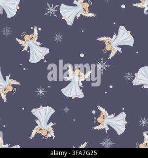 Nahtloses Muster mit süßem Weihnachtsengel mit hellem Haar und blauem Kleid im minimalistischen skandinavischen Stil. Von Hand gezeichnete Illustration Wiederholungsschmuck Stockfoto