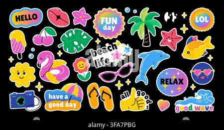 Sommeraufkleber. Retro-Strandparty-Abzeichen, Urlaubs-Chill-Emoji-Element oder groovy Cocktailgetränk-Kritzelzeichnung. Trend-Symbol, soziale Botschaft, verspielte digitale Phrase. Vektor-Cartoon-Flachstil isolierte Symbole Stock Vektor