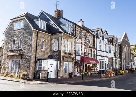 Allgemeiner Blick auf die Fore Street in Beer, Devon, die eine Vielzahl von Kunsthandwerkern und Pubs bietet. Stockfoto