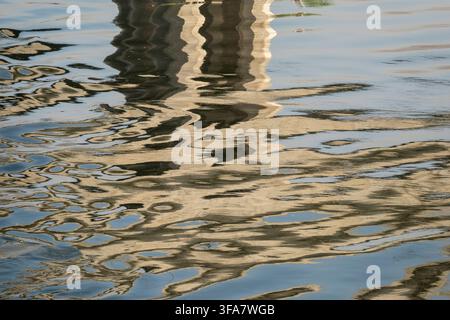 Flusswasser spiegelt Brückenpfeiler aus Beton, das Bild durch sanfte Wellen gebrochen Stockfoto