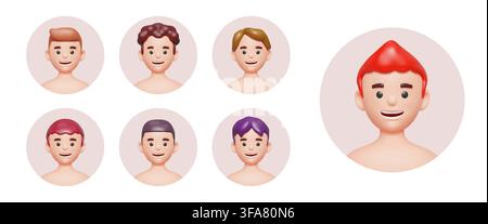 3D-Avatare. Menschen-Gesichtsprofil, glücklicher Mann, Person lächelt als Jungenkopf-Rendering in Kreis. Stilisierter Student, vielfältig für soziale Medien, Identitätsbenutzer-Icons. Vektor-Cartoon, isoliert, minimale Illustration Stock Vektor