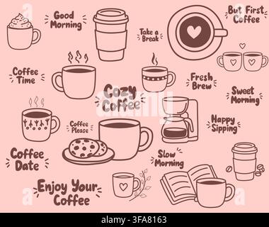 Handgezeichnete Kaffee-Doodle-Sammlung mit Tassen, Kaffee zum Mitnehmen, Kaffeemaschine, Keksen, Bohnen, Buch und gemütlichem Kaffee-Schriftzug. Stock Vektor