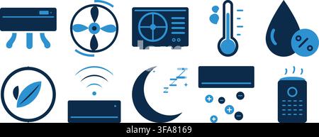 Blaues Vektor-Ikonen-Set von Klimaanlage, Ventilator, Thermostat und Fernbedienung auf weißem Hintergrund Stock Vektor