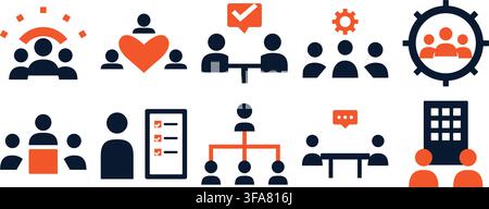 Vektor-Set von Team-Kollaboration und Geschäftskommunikations-Ikonen, flaches Design, orange und Marineblau, isoliert auf weißem Hintergrund Stock Vektor