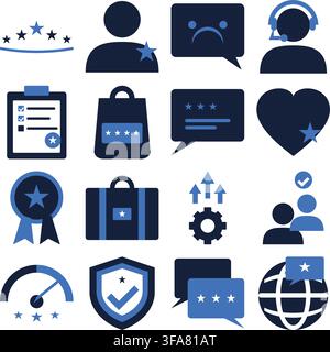Satz von Kundenservice- und Feedback-Symbolen mit Sternbewertungen, Vektorillustration, flaches Design, blau und marineblau, isoliert auf weißem Hintergrund Stock Vektor
