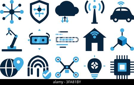 Satz von IoT- und Smart-Home-Vektorsymbolen einschließlich Wolke, Roboter, Auto und Chip, flaches Design, blau und marineblau, auf weißem Hintergrund isoliert Stock Vektor