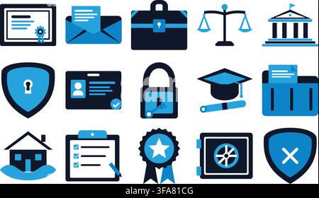 Satz von flachen Vektor-Icons für Versicherung, Sicherheit und Finanzen, einschließlich Schild, Schloss, Aktentasche und Dokumente auf weißem Hintergrund Stock Vektor