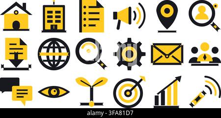 Satz von gelben und schwarzen flachen Vektor-Icons für Business, Technologie und Webdesign auf weißem Hintergrund Stock Vektor