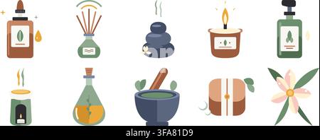 Flaches Vektor-Illustrationsset von Aromatherapie-Produkten, darunter ätherische Ölflaschen, Kerzen, Diffusoren und Spa-Steine auf weißem Hintergrund. Stock Vektor