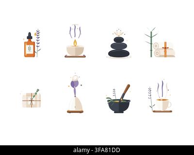 Spa- und Wellness-Vektorsymbolset mit ätherischem Öl, Kerze, Steinen, Bambus, Seife, Mörser und Tee auf weißem Hintergrund Stock Vektor