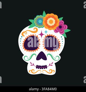 Bunte florale Zuckerschädel-Vektorillustration für den Tag der Toten, dekorative Calavera mit Blumen und traditionellem Volkskunst-Ornament Stock Vektor