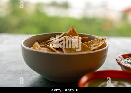 Schüssel mit knusprigen goldenen Totopos, traditionellen mexikanischen Tortillachips, serviert mit grüner Salsa Stockfoto