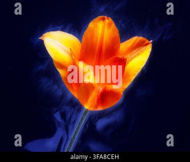 Dramatische stilisierte orange und gelbe Tulpe, die vor einem tiefblauen abstrakten Hintergrund leuchtet Stockfoto