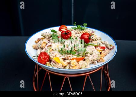 Cremige Thunfisch-Pasta-Salat mit Kirschtomaten, frischen Kräutern und bunten Gemüsen Stockfoto