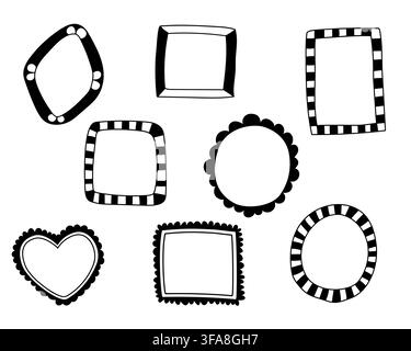 Niedliche Doodle-Rahmen-Sammlung Vektorillustration. Handgezeichnete schwarze Linien mit Herz-, Oval-, Quadrat- und gestreiften Formen, isoliert auf weißem Hintergrund. Minimalistische Vintage-Bilderrahmen für Foto, Text, Aufkleber Stock Vektor