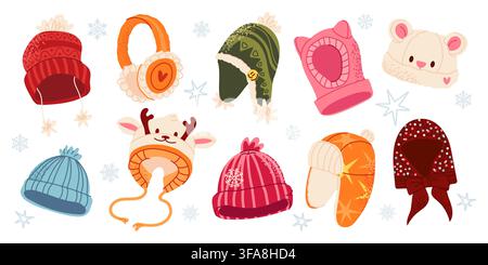 Satz von niedlichen Wintermützen und kuscheligen gestrickten Accessoires in trendigen Farben, mit Beanies, Ohrenschützern und warmen Mützen. Saisonale Wintermode-Kollektion, isolierte Vektorillustrationen. Vektorillustration Stock Vektor