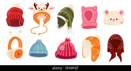 Satz von niedlichen Wintermützen und kuscheligen gestrickten Accessoires in trendigen Farben, mit Beanies, Ohrenschützern und warmen Mützen. Saisonale Wintermode-Kollektion, isolierte Vektorillustrationen. Vektorillustration Stock Vektor