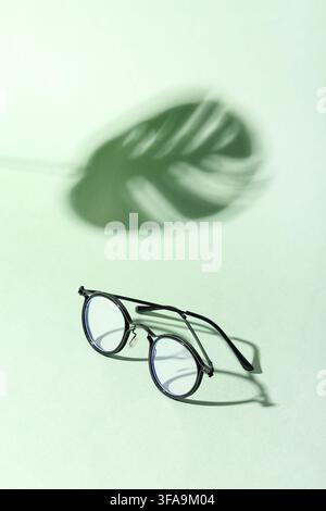 Vision und Augenpflegekonzept, stilvolle runde Brille mit einem tropischen Blattschatten auf einem hellgrünen Hintergrund Stockfoto