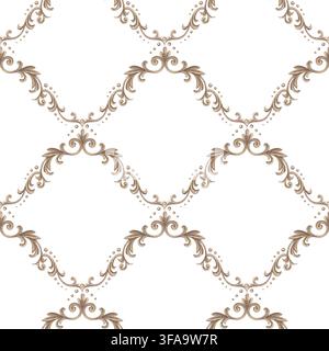 Goldfiligran-Ornament mit rautenförmigem Gitter Seamless-Muster. Handgezeichnete Aquarell-goldene barocke verschnörkelte Verzierung. Vintage-Grafik für dekoratives Design. Eleganter Wiederholungsmuster für Stoff oder Tapete. Stockfoto