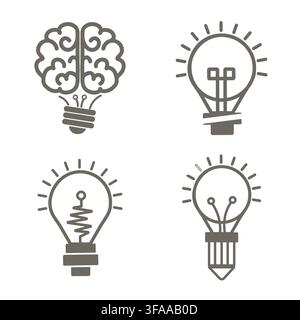 Vektor-Lichtbirnen-Symbol-Set mit Gehirn, Bleistift und kreativem Ideen-Konzept. Stock Vektor