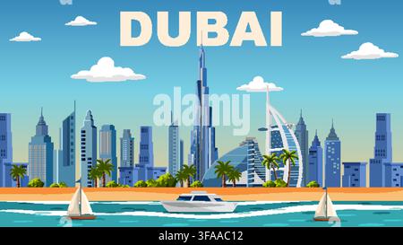 Minimalistische Vektorgrafik der Skyline von Dubai mit berühmten Wahrzeichen, Strand und Meerfahrzeugen Stock Vektor