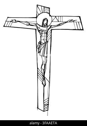 Handgezeichnete schwarze Tuscheillustration von Jesus Christus, der an einem hohen geometrischen Kreuz gekreuzigt ist, mit einem Heiligenschein, gesenktem Kopf und eckigen dekorativen Details, isoliert Stock Vektor