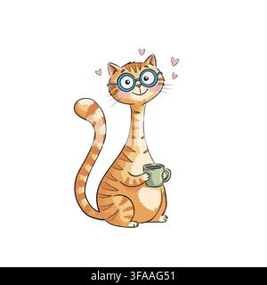 Süße langhalsige rote Katze mit blauer Brille, die eine Tasse Kaffee hält, umgeben von kleinen Herzen Stockfoto