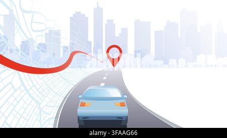 Konzept der Navigation zur Stadt. Auto fährt auf der Straße, mit rotem Pfeil, der auf die Skyline der Stadtgebäude zeigt, und Straße, die zur Stadt führt. Verkehr auf Stock Vektor