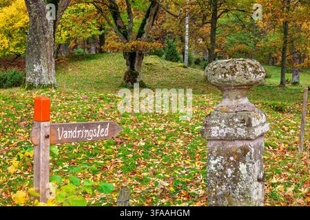 Wegweiser in einem Eichenwald im Herbst Stockfoto
