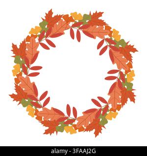 Herbstkranz aus bunten Blättern in den Farben Orange, Rot, Gelb und Grün. Saisonale Illustration perfekt für die Herbstdekoration Stock Vektor