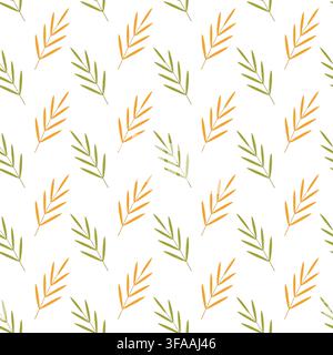 Nahtloses botanisches Muster mit abwechselnd grünen und orangefarbenen stilisierten blättrigen Ästen, die diagonal auf einem weißen Hintergrund angeordnet sind Stock Vektor