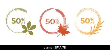 Set aus drei Herbst-Sale-Etiketten mit 50-RABATT-Text in olivgrünen, orangefarbenen und goldenen Pinselstrich-Kreisen, verziert mit Kastanien-, Ahorn- und Weizenblättern Stock Vektor