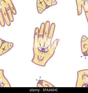 Esoterisches nahtloses Muster mystische Hand mit bösem Blick-Symbol, magische Schmetterlinge. Aquarellhand gezeichneter spiritueller böhmischer Hintergrund in Pastellfarbe Stockfoto